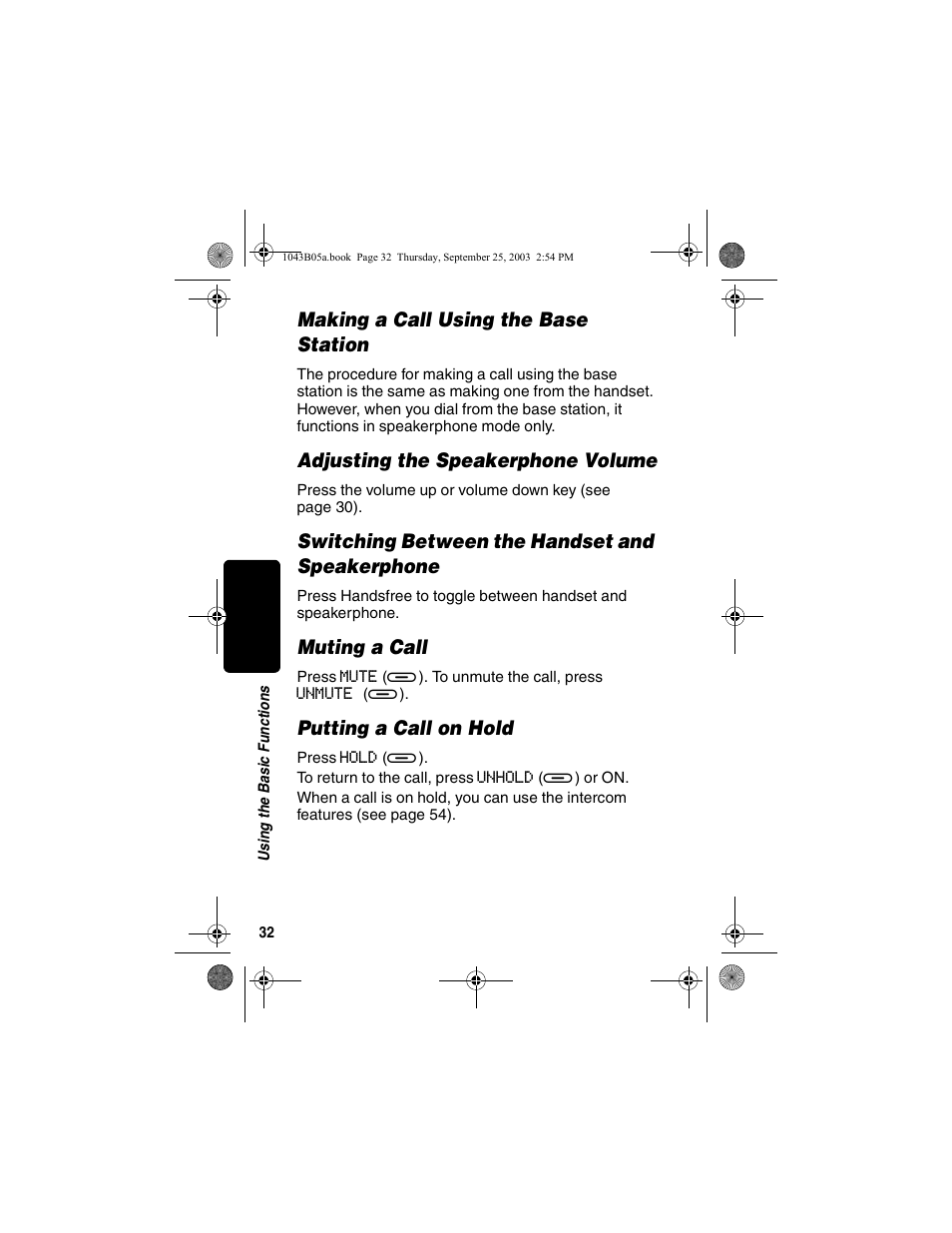 Making a call using the base station, Adjusting the speakerphone volume, Switching between the handset and speakerphone | Muting a call, Putting a call on hold | Motorola MD480 Series User Manual | Page 34 / 68