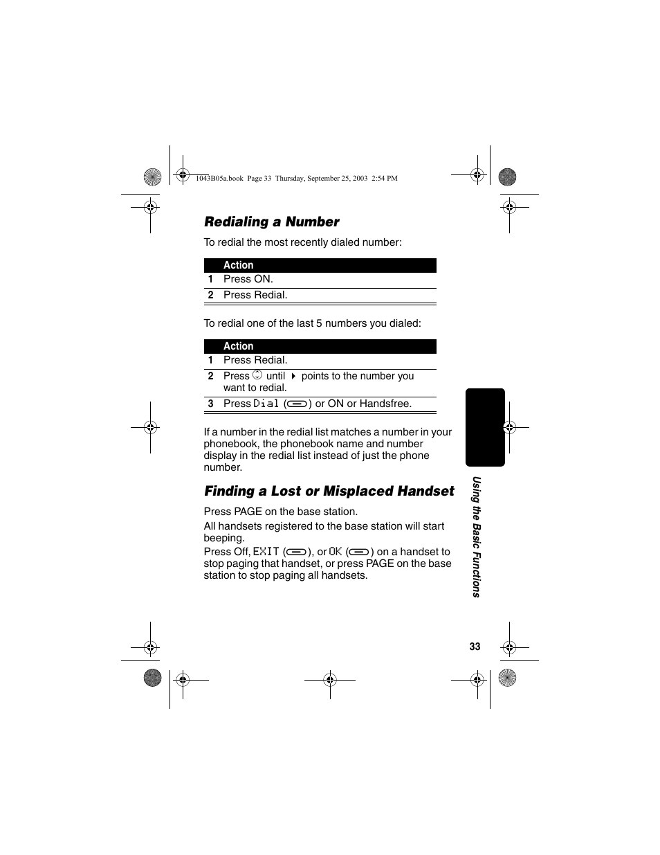 Redialing a number, Finding a lost or misplaced handset | Motorola MD480 Series User Manual | Page 35 / 68