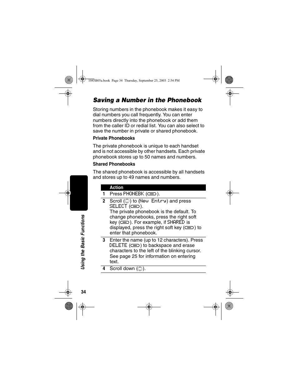 Saving a number in the phonebook, Private phonebooks, Shared phonebooks | Private phonebooks shared phonebooks | Motorola MD480 Series User Manual | Page 36 / 68