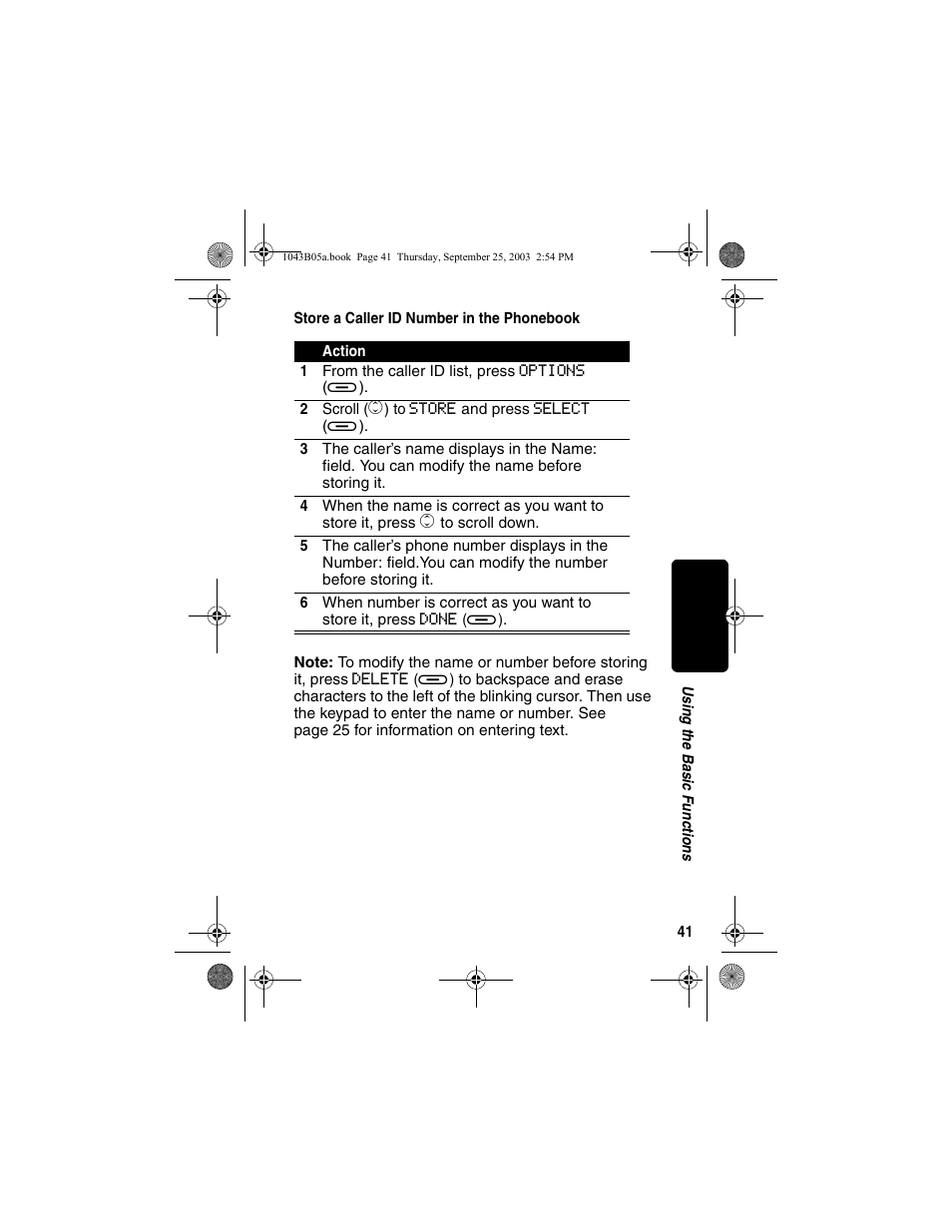 Store a caller id number in the phonebook | Motorola MD480 Series User Manual | Page 43 / 68