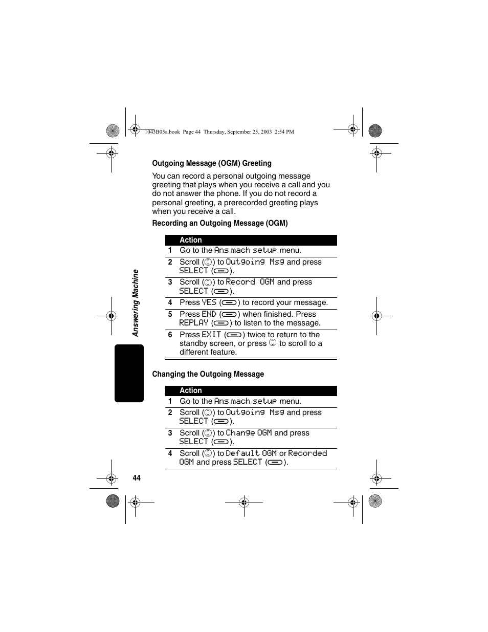 Outgoing message (ogm) greeting, Recording an outgoing message (ogm), Changing the outgoing message | Motorola MD480 Series User Manual | Page 46 / 68