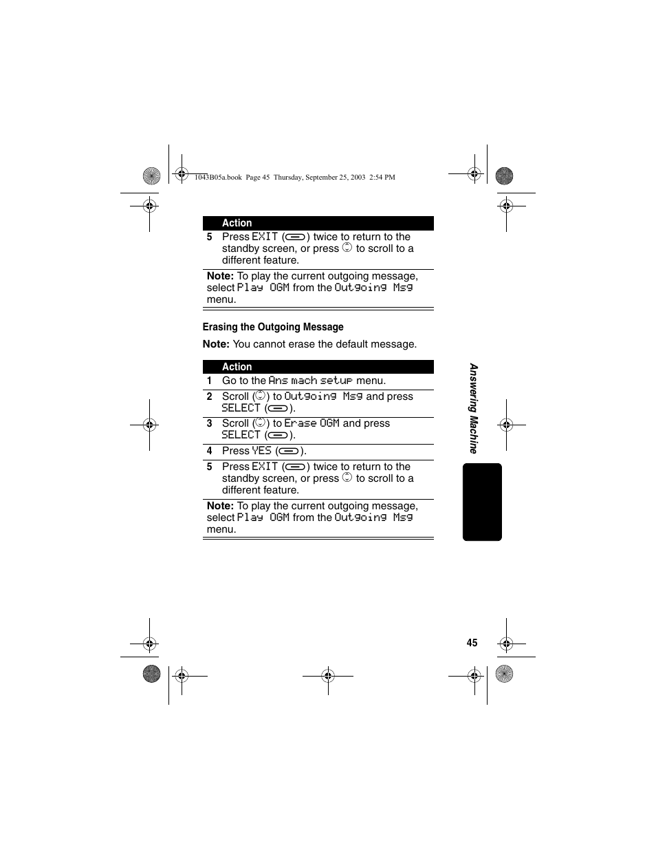 Erasing the outgoing message | Motorola MD480 Series User Manual | Page 47 / 68