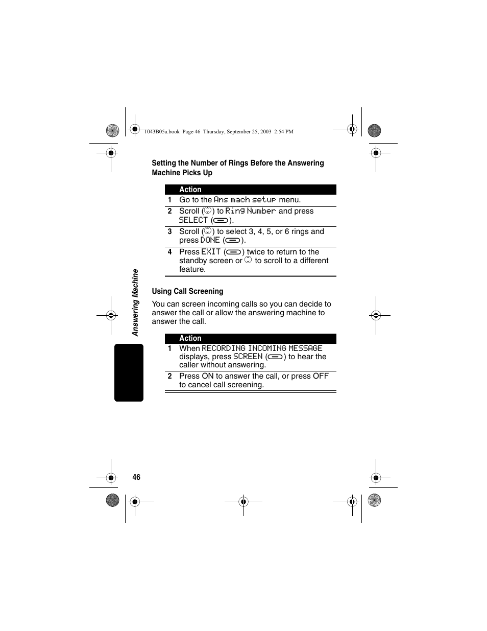 Using call screening, Setting the number of rings, Before the answering machine picks up | Motorola MD480 Series User Manual | Page 48 / 68
