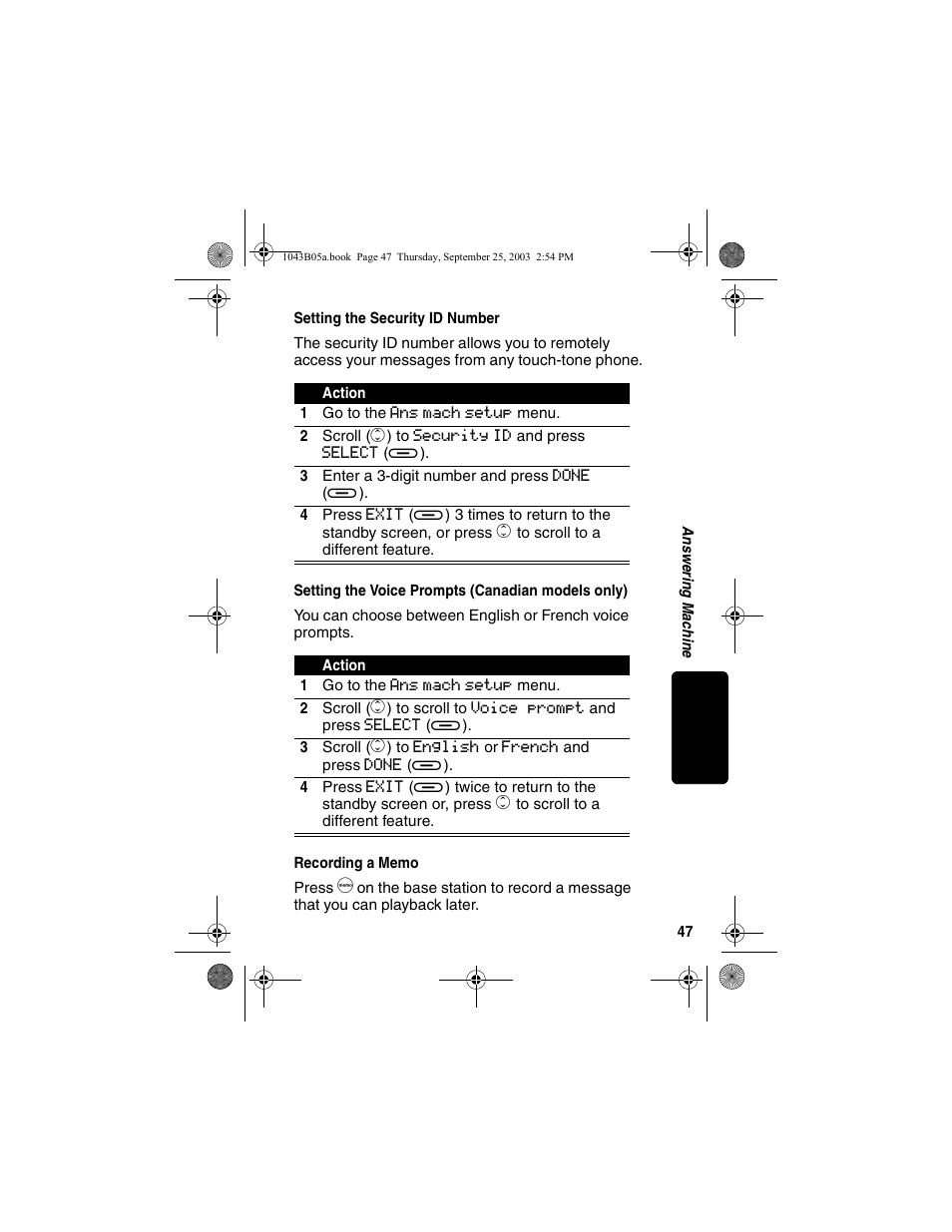 Setting the security id number, Setting the voice prompts (canadian models only), Recording a memo | Canadian models only) | Motorola MD480 Series User Manual | Page 49 / 68