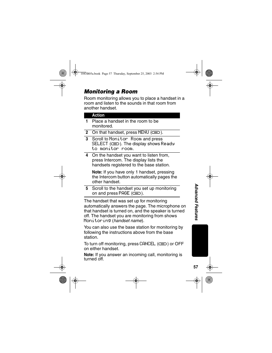 Monitoring a room | Motorola MD480 Series User Manual | Page 59 / 68