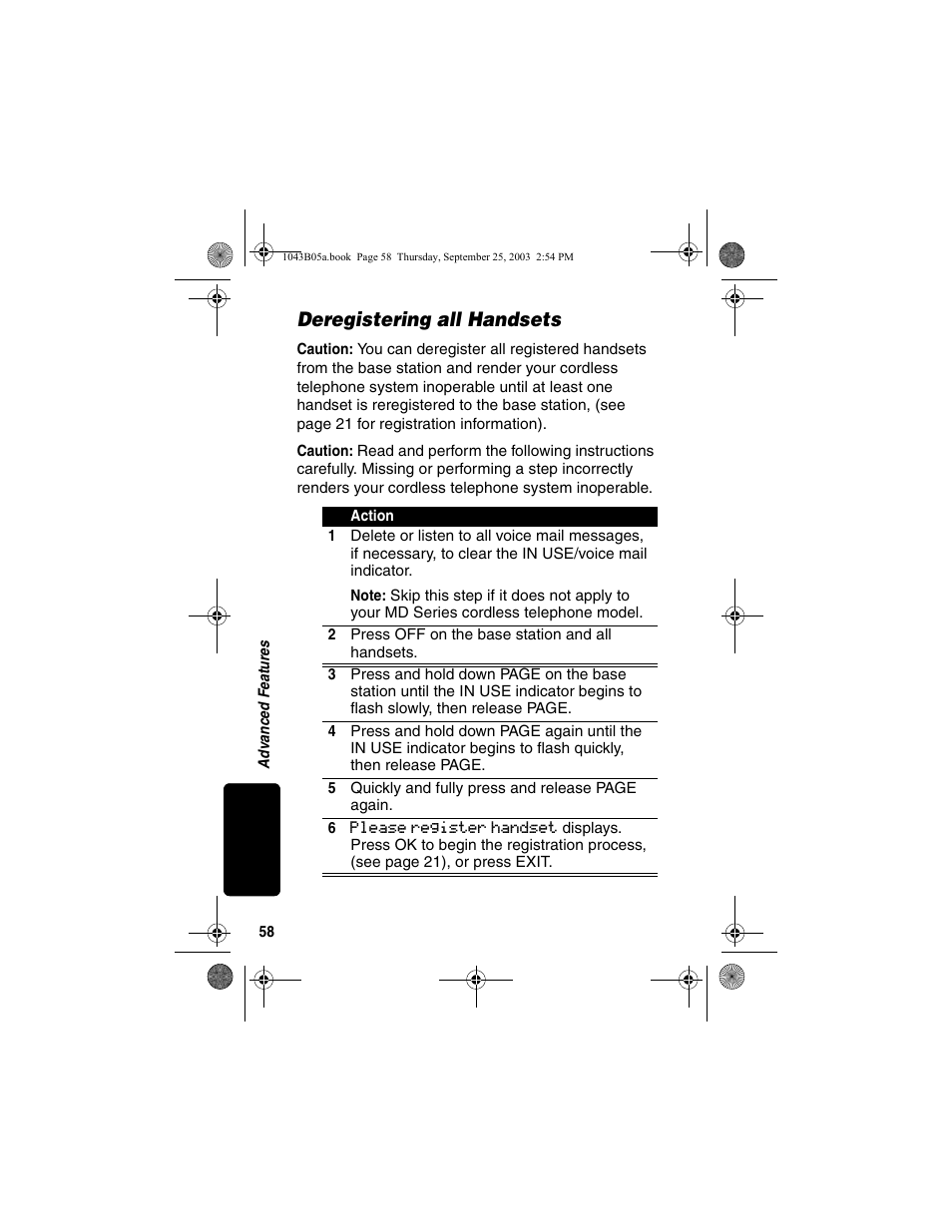 Deregistering all handsets | Motorola MD480 Series User Manual | Page 60 / 68
