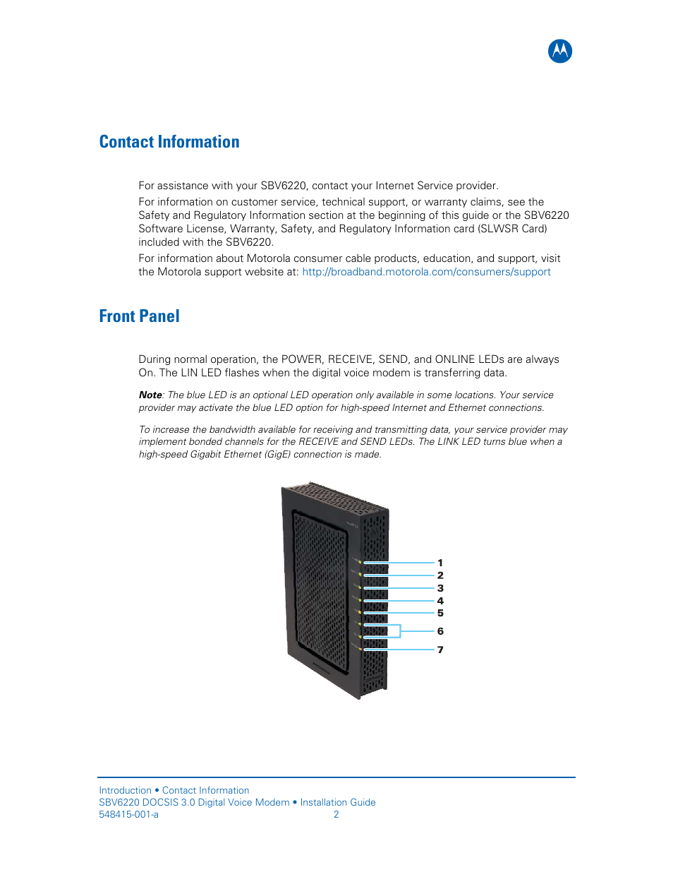 Contact information, Front panel | Motorola SURFboard SBV6220 User Manual | Page 10 / 27