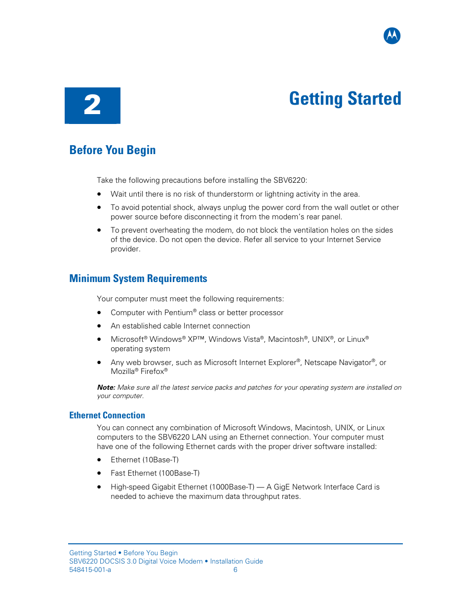 Getting started, Before you begin, Minimum system requirements | Ethernet connection | Motorola SURFboard SBV6220 User Manual | Page 14 / 27