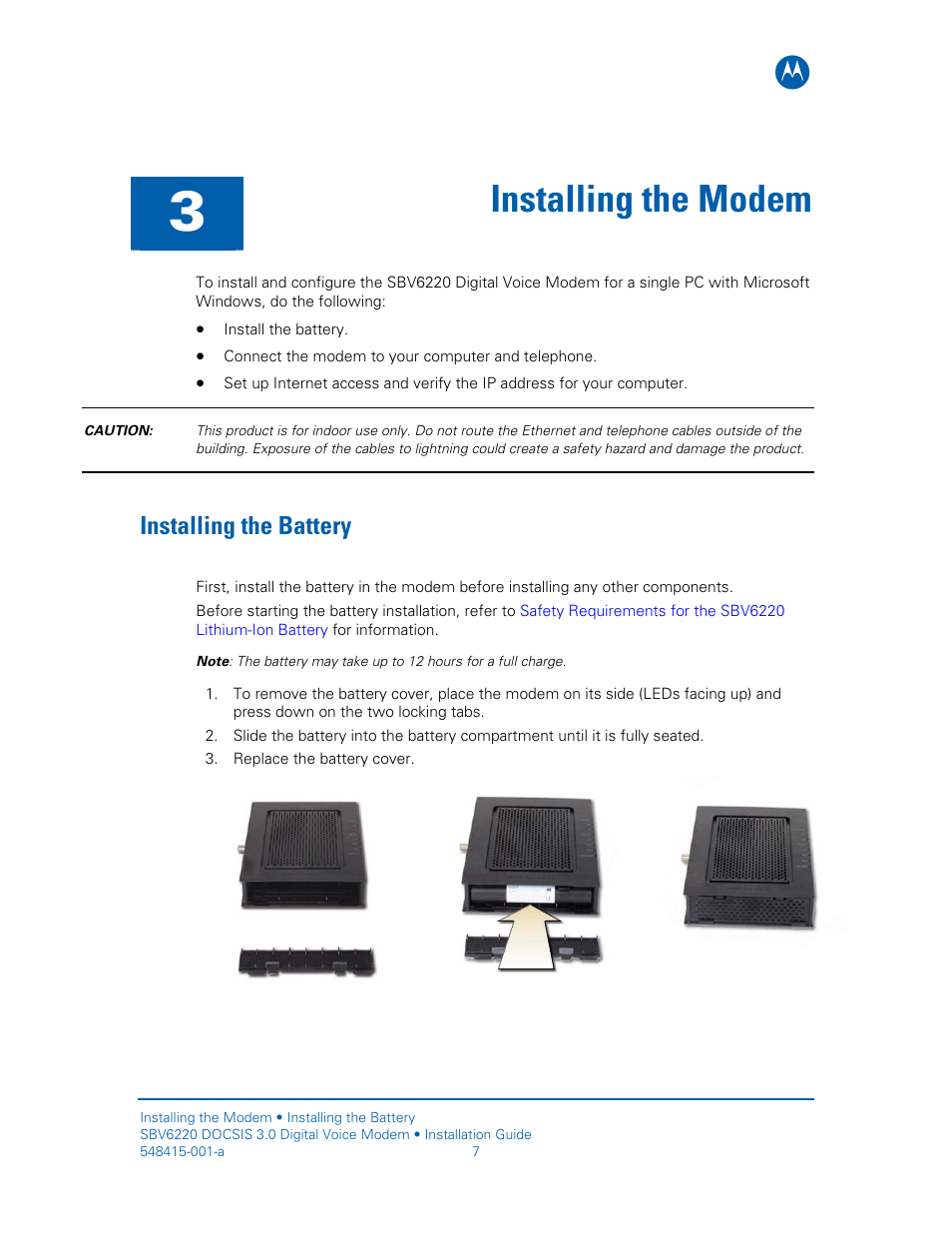 Installing the modem, Installing the battery | Motorola SURFboard SBV6220 User Manual | Page 15 / 27