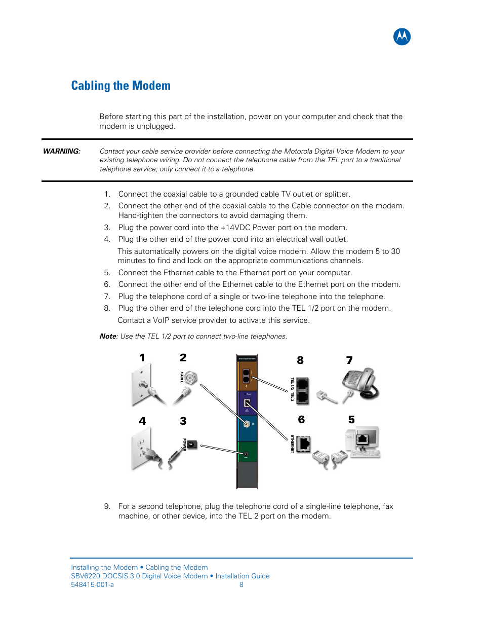 Cabling the modem | Motorola SURFboard SBV6220 User Manual | Page 16 / 27