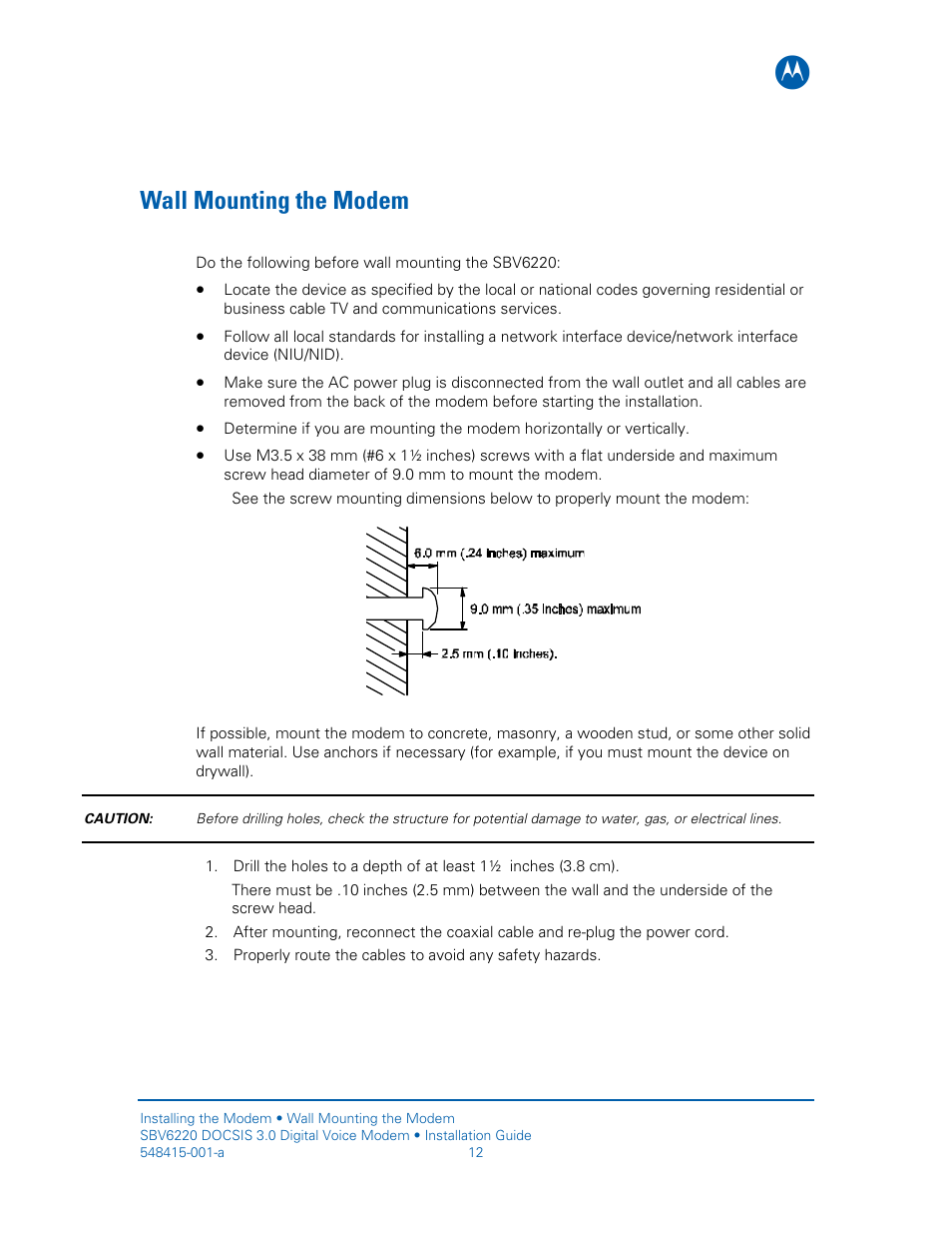 Wall mounting the modem | Motorola SURFboard SBV6220 User Manual | Page 20 / 27