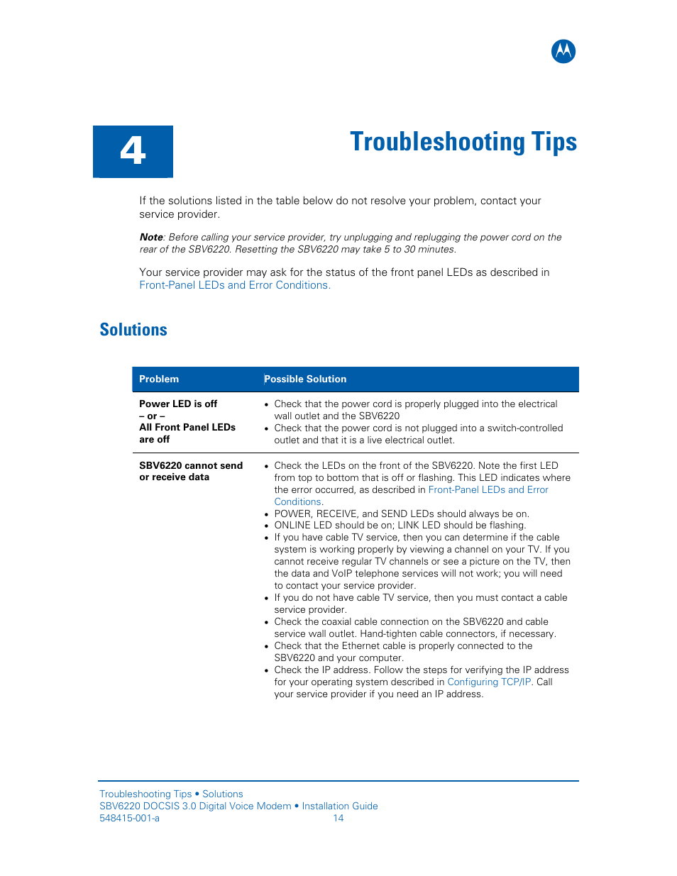 Troubleshooting tips, Solutions, Ed, see | Motorola SURFboard SBV6220 User Manual | Page 22 / 27