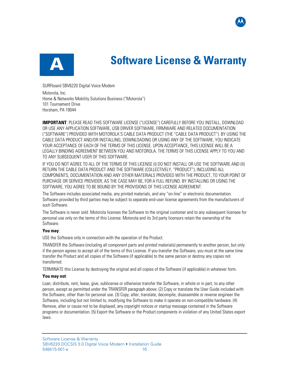 Software license & warranty | Motorola SURFboard SBV6220 User Manual | Page 24 / 27