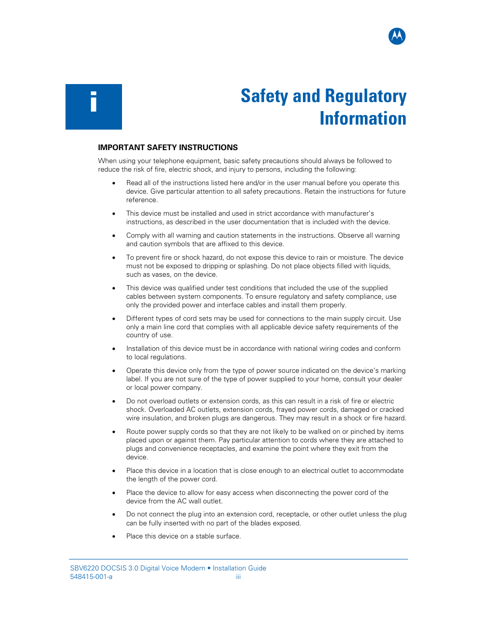 Safety and regulatory information | Motorola SURFboard SBV6220 User Manual | Page 3 / 27