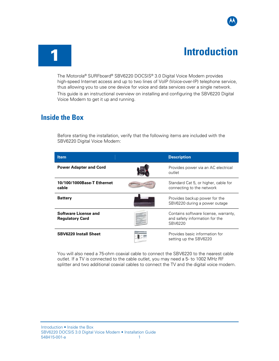 Introduction, Inside the box | Motorola SURFboard SBV6220 User Manual | Page 9 / 27