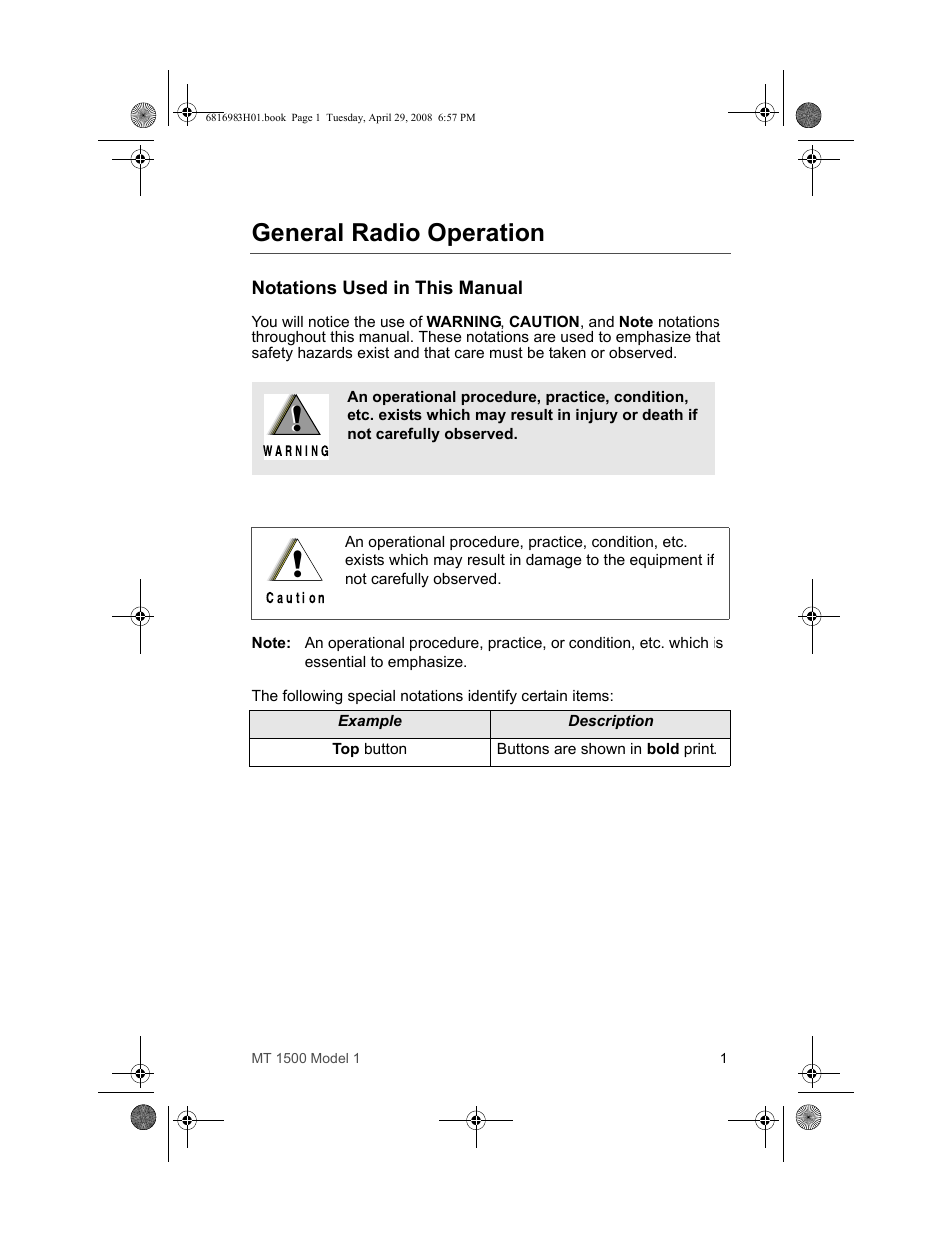 General radio operation, Notations used in this manual | Motorola ASTRO MT 1500 User Manual | Page 12 / 76