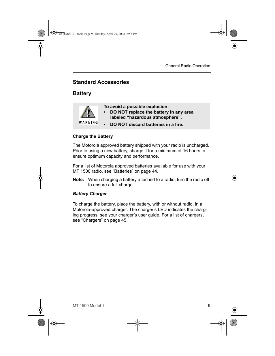 Standard accessories, Battery | Motorola ASTRO MT 1500 User Manual | Page 20 / 76