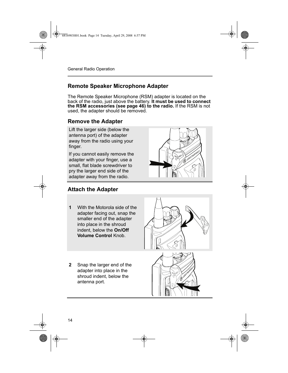 Remote speaker microphone adapter, Remove the adapter, Attach the adapter | Remove the adapter attach the adapter | Motorola ASTRO MT 1500 User Manual | Page 25 / 76