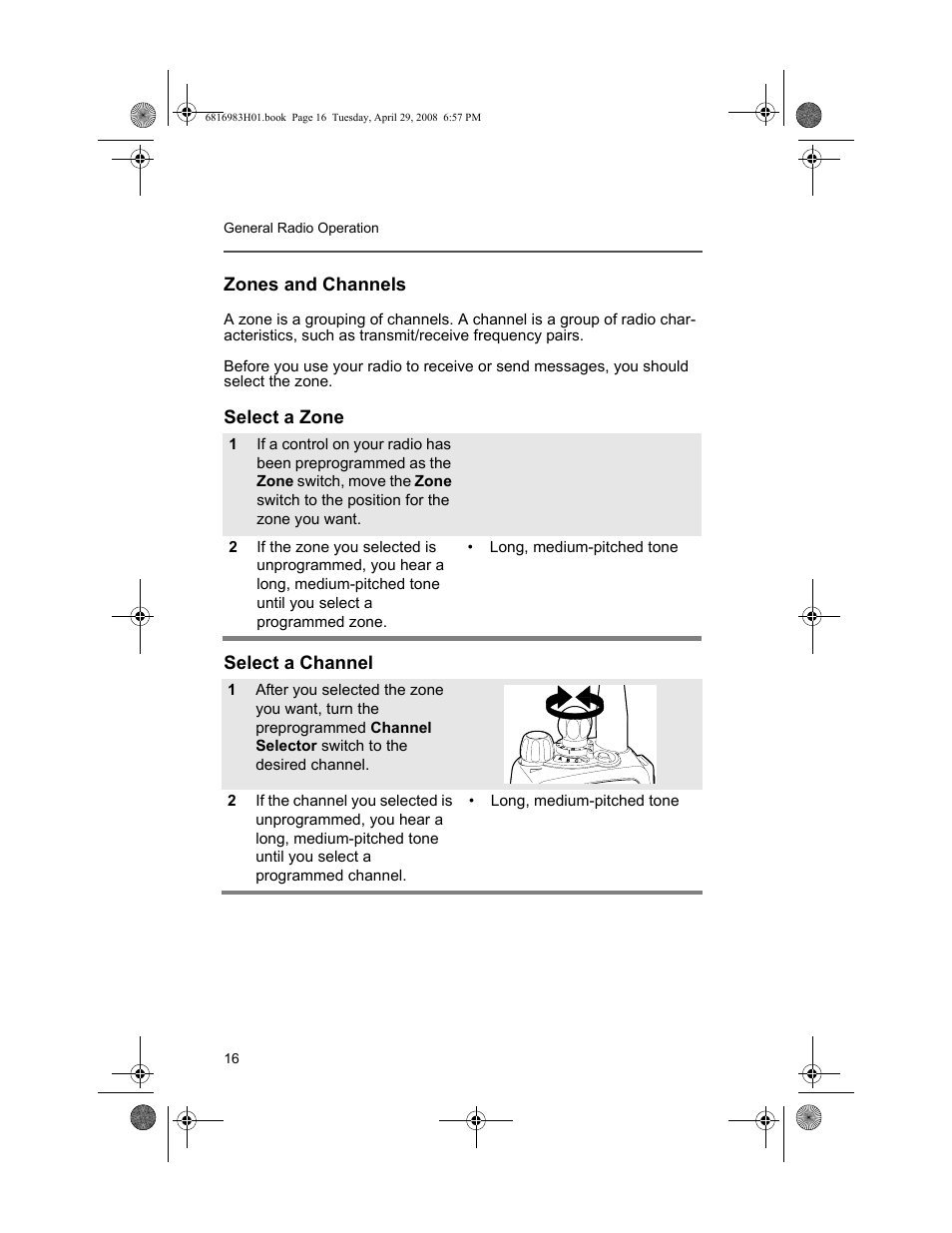 Zones and channels, Select a zone, Select a channel | Select a zone select a channel | Motorola ASTRO MT 1500 User Manual | Page 27 / 76