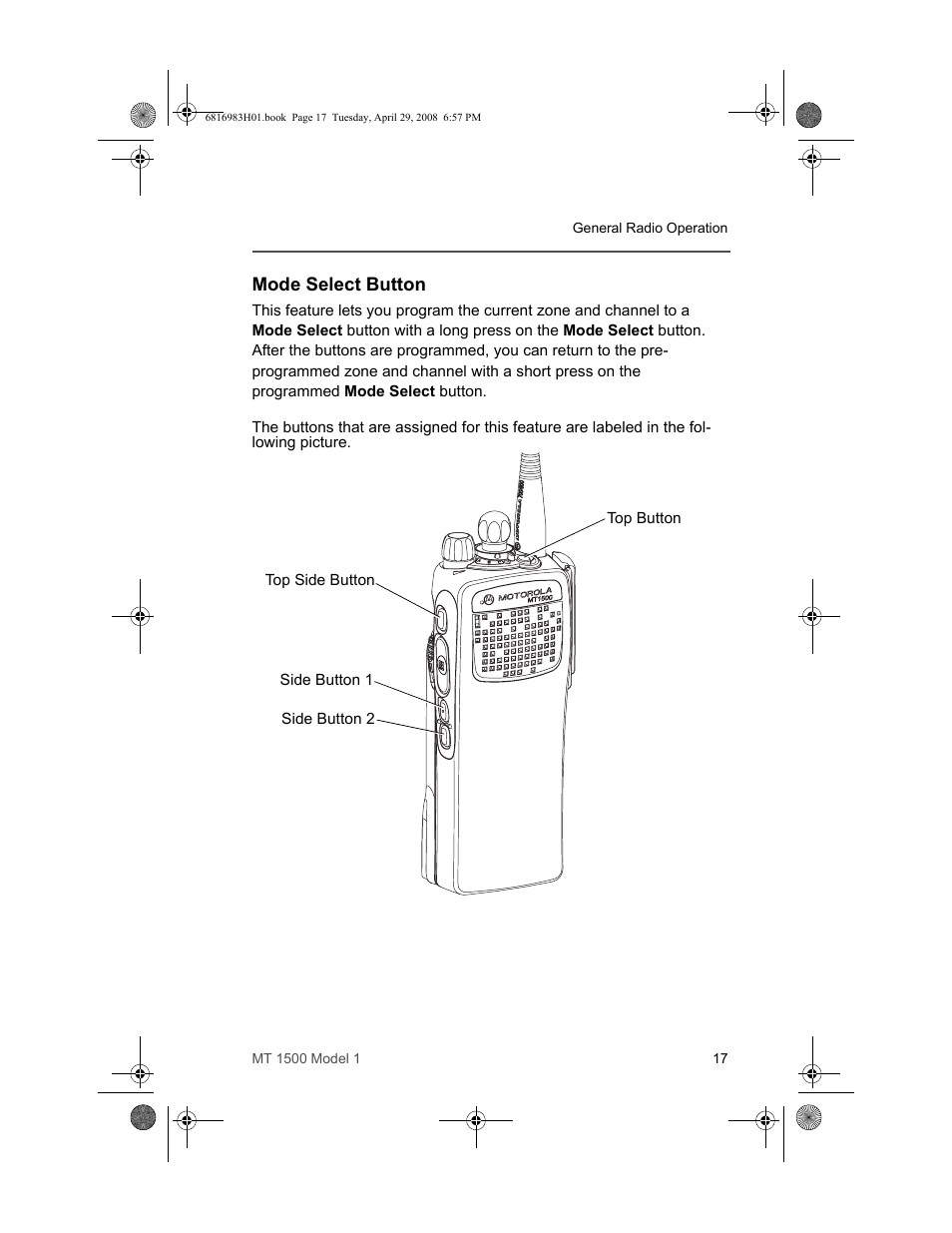 Mode select button | Motorola ASTRO MT 1500 User Manual | Page 28 / 76