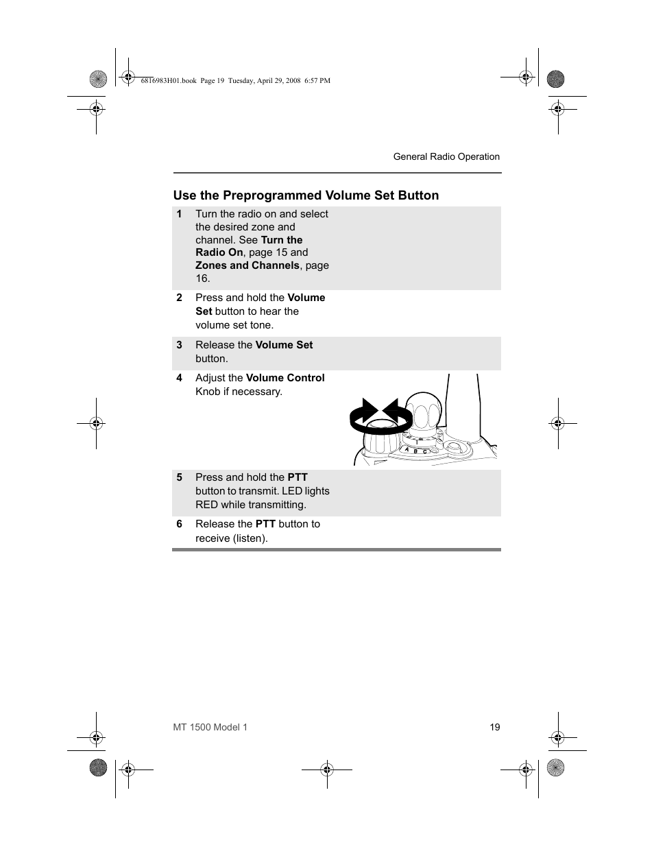 Use the preprogrammed volume set button | Motorola ASTRO MT 1500 User Manual | Page 30 / 76