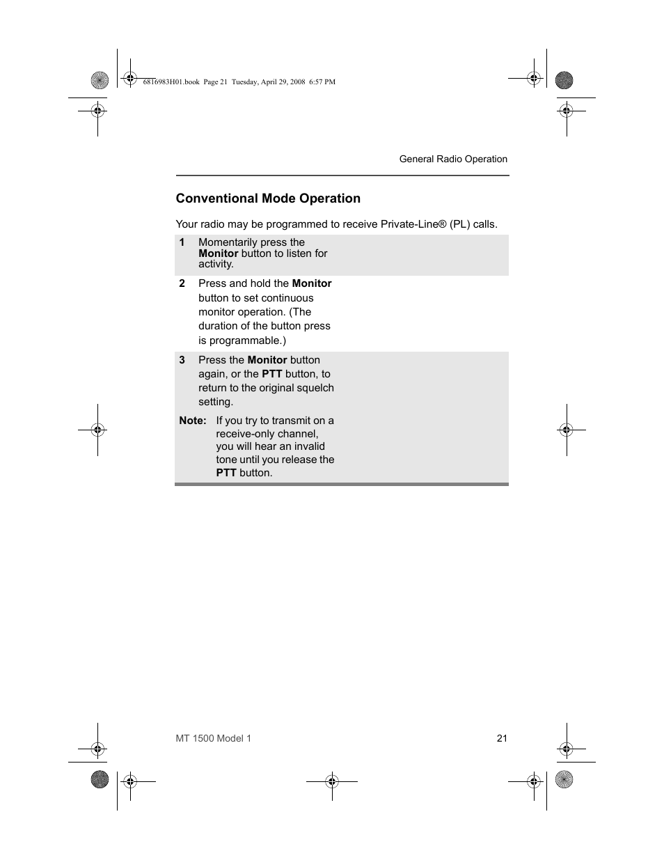 Conventional mode operation | Motorola ASTRO MT 1500 User Manual | Page 32 / 76