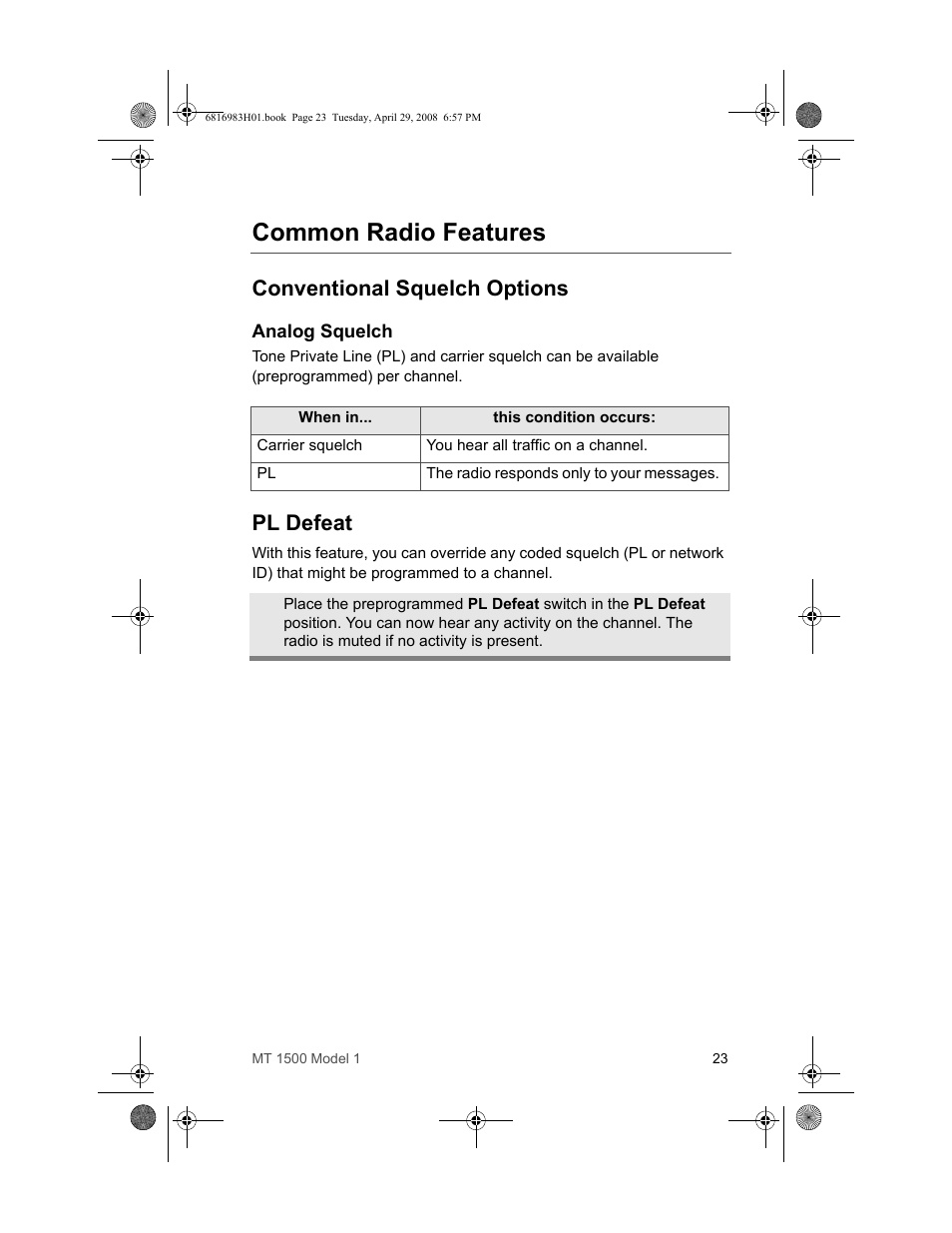 Common radio features, Conventional squelch options, Analog squelch | Pl defeat | Motorola ASTRO MT 1500 User Manual | Page 34 / 76