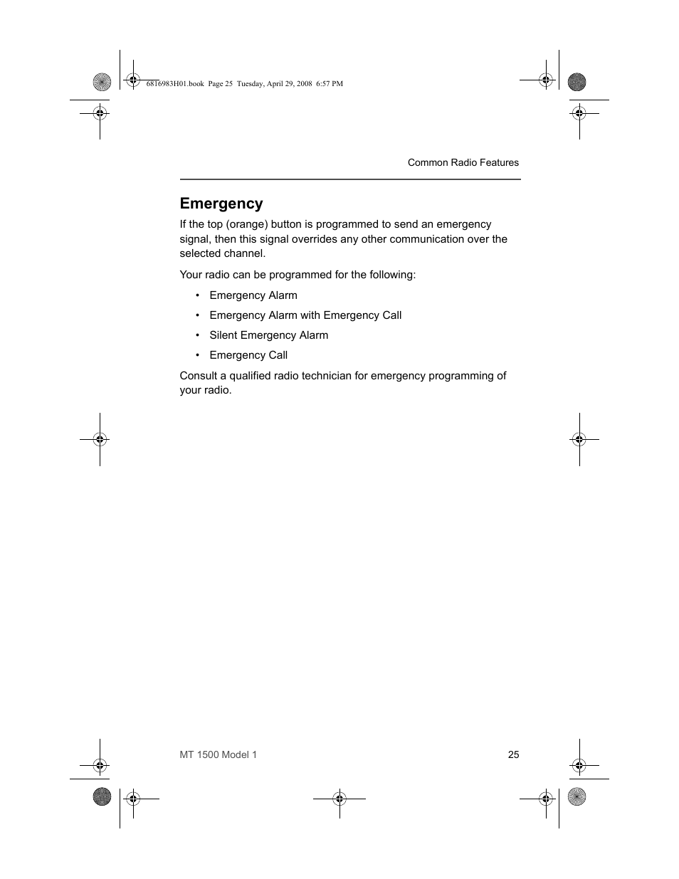 Emergency | Motorola ASTRO MT 1500 User Manual | Page 36 / 76