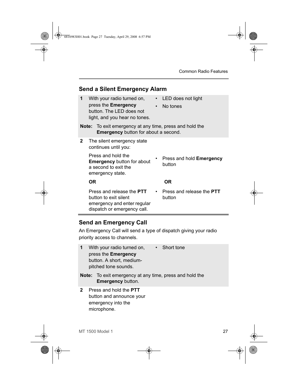 Send a silent emergency alarm, Send an emergency call | Motorola ASTRO MT 1500 User Manual | Page 38 / 76