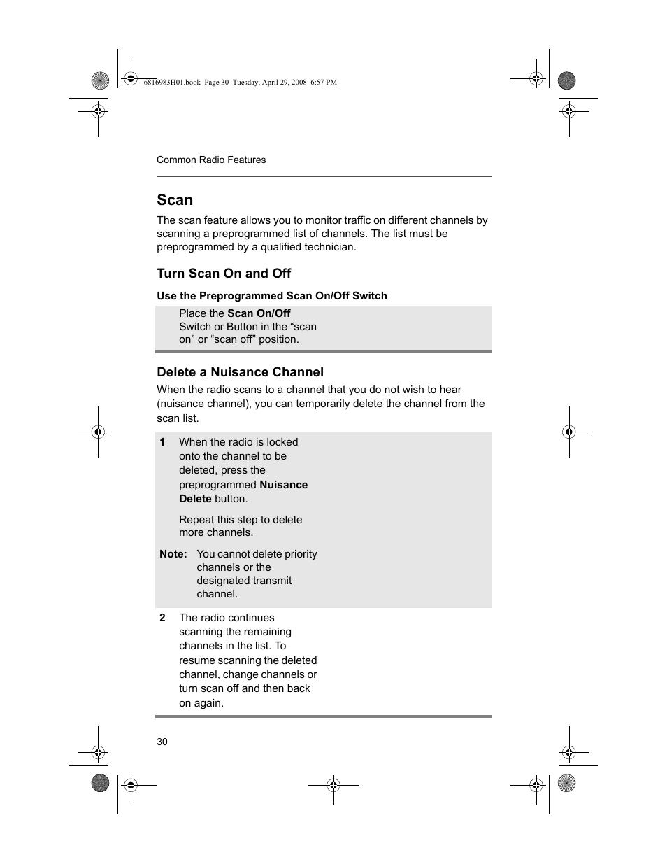 Scan, Turn scan on and off, Delete a nuisance channel | Turn scan on and off delete a nuisance channel | Motorola ASTRO MT 1500 User Manual | Page 41 / 76