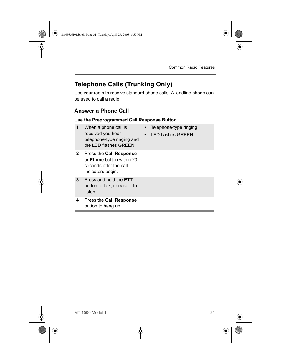 Telephone calls (trunking only), Answer a phone call | Motorola ASTRO MT 1500 User Manual | Page 42 / 76