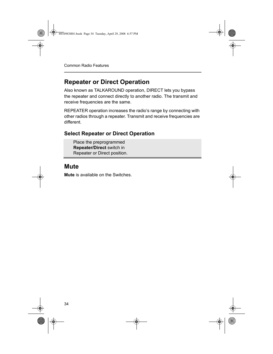 Repeater or direct operation, Select repeater or direct operation, Mute | Motorola ASTRO MT 1500 User Manual | Page 45 / 76