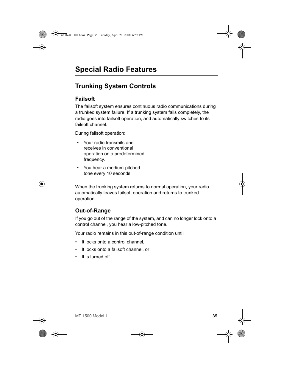 Special radio features, Trunking system controls, Failsoft | Out-of-range, Failsoft out-of-range | Motorola ASTRO MT 1500 User Manual | Page 46 / 76