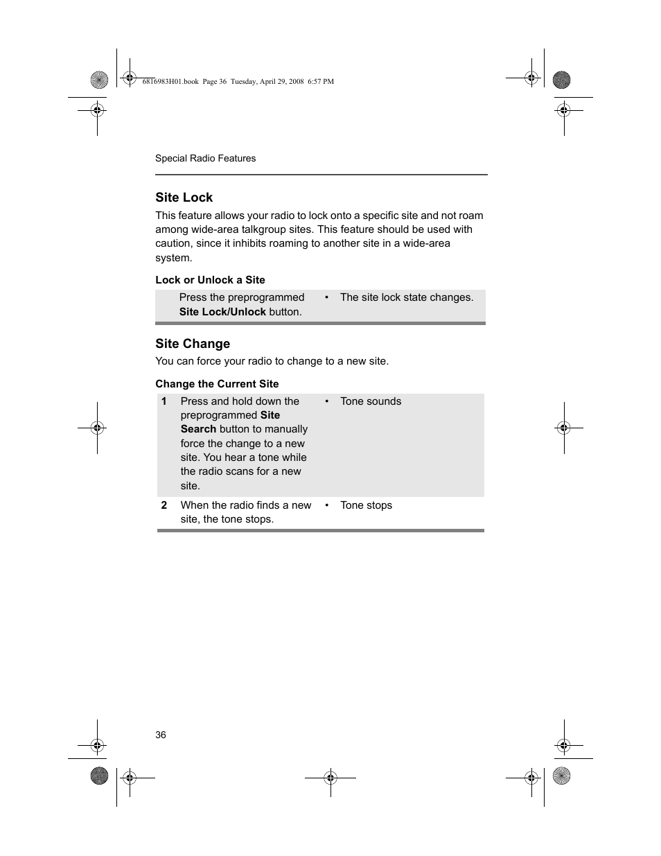 Site lock, Site change, Site lock site change | Motorola ASTRO MT 1500 User Manual | Page 47 / 76