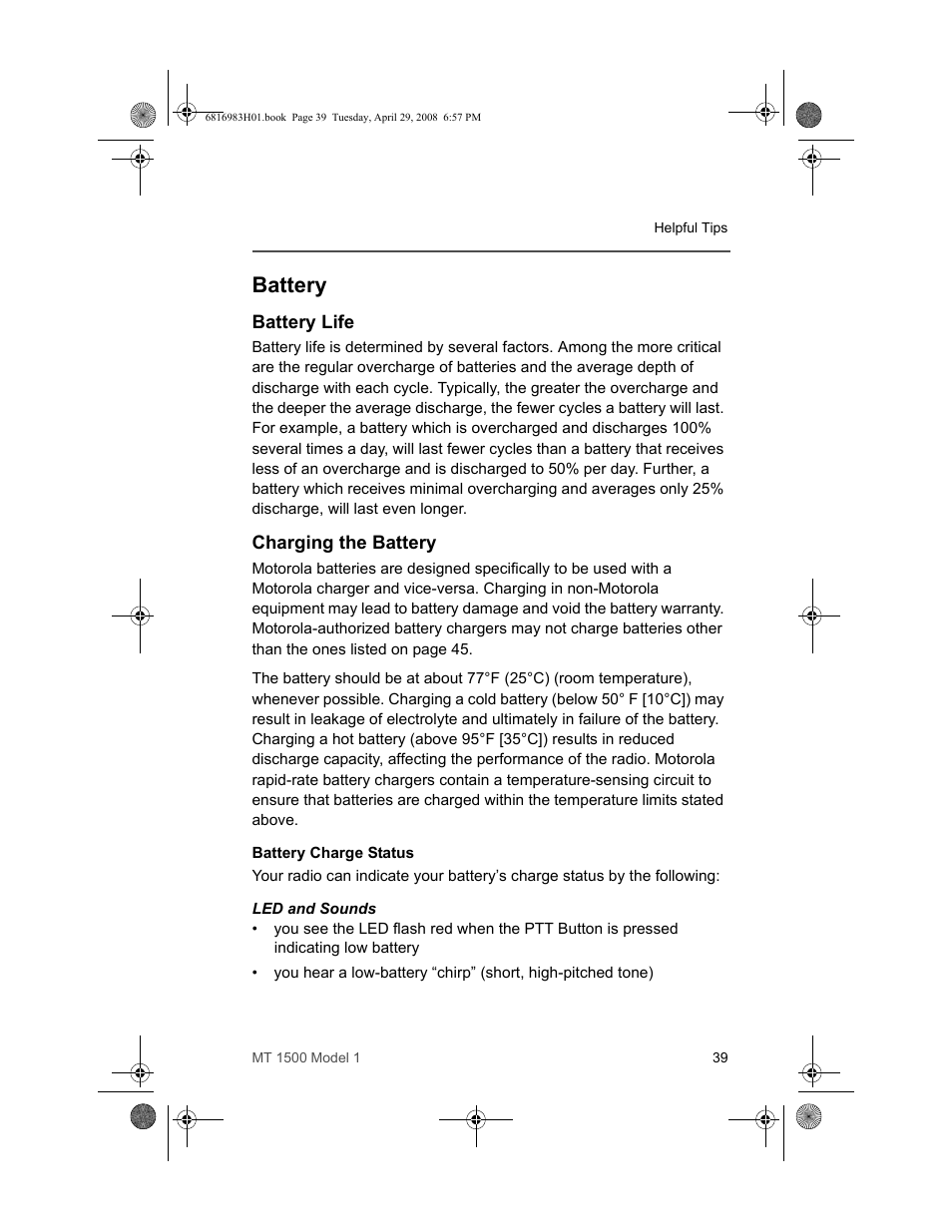 Battery, Battery life, Charging the battery | Battery life charging the battery | Motorola ASTRO MT 1500 User Manual | Page 50 / 76