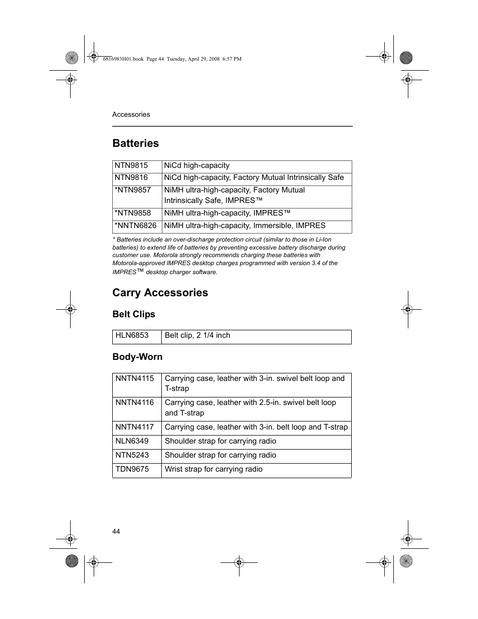 Batteries, Carry accessories, Belt clips | Body-worn, Batteries carry accessories, Belt clips body-worn | Motorola ASTRO MT 1500 User Manual | Page 55 / 76