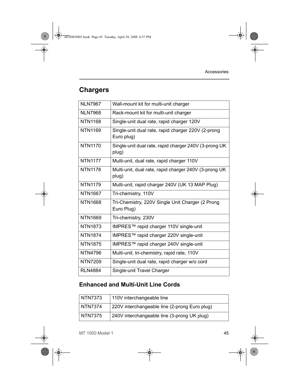 Chargers, Enhanced and multi-unit line cords | Motorola ASTRO MT 1500 User Manual | Page 56 / 76