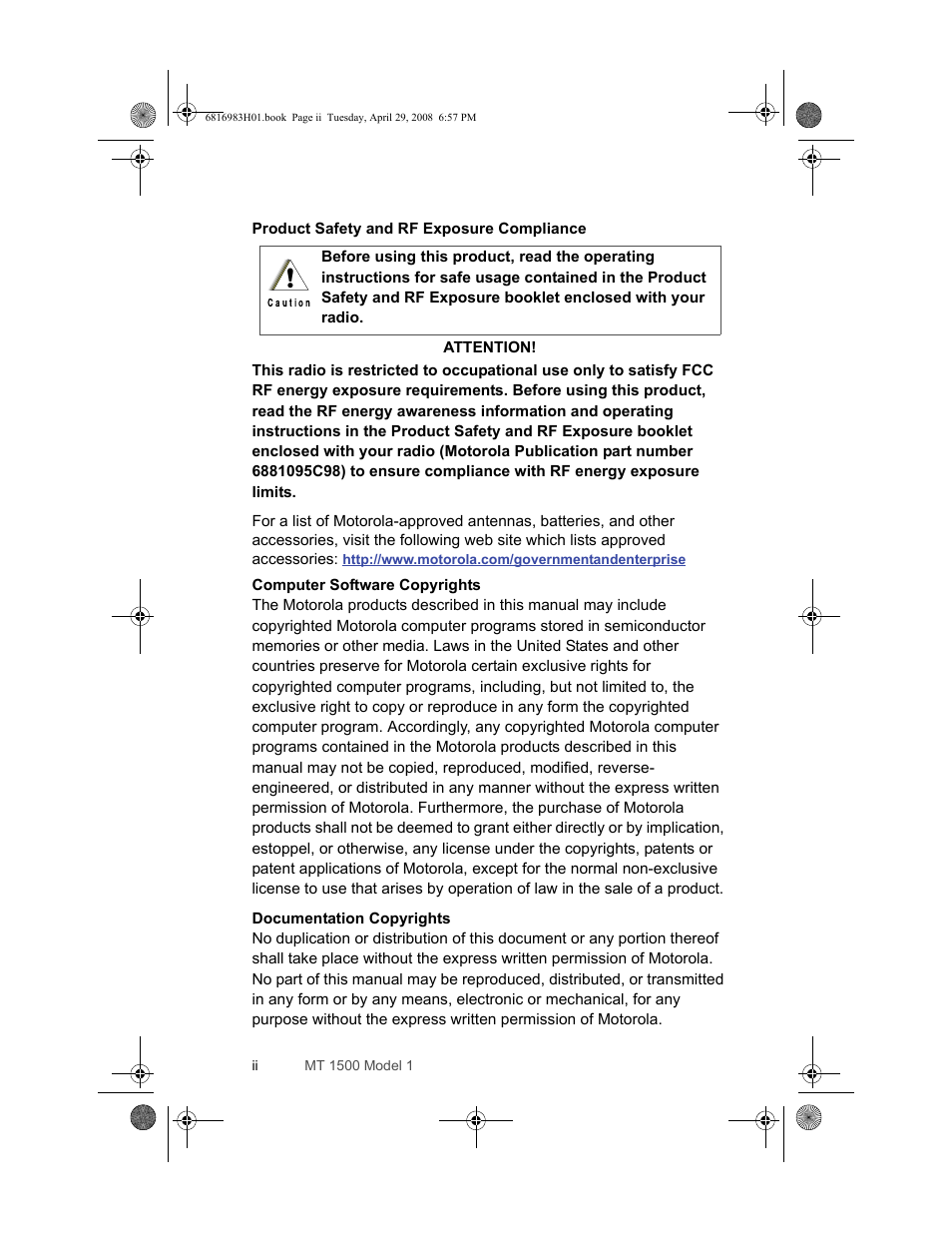 Product safety and rf exposure compliance, Computer software copyrights, Documentation copyrights | Motorola ASTRO MT 1500 User Manual | Page 6 / 76