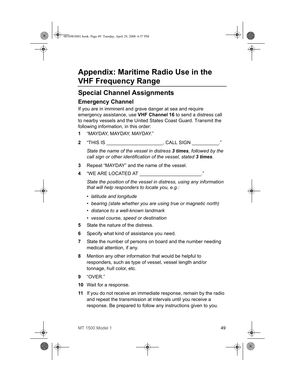 Special channel assignments, Emergency channel | Motorola ASTRO MT 1500 User Manual | Page 60 / 76