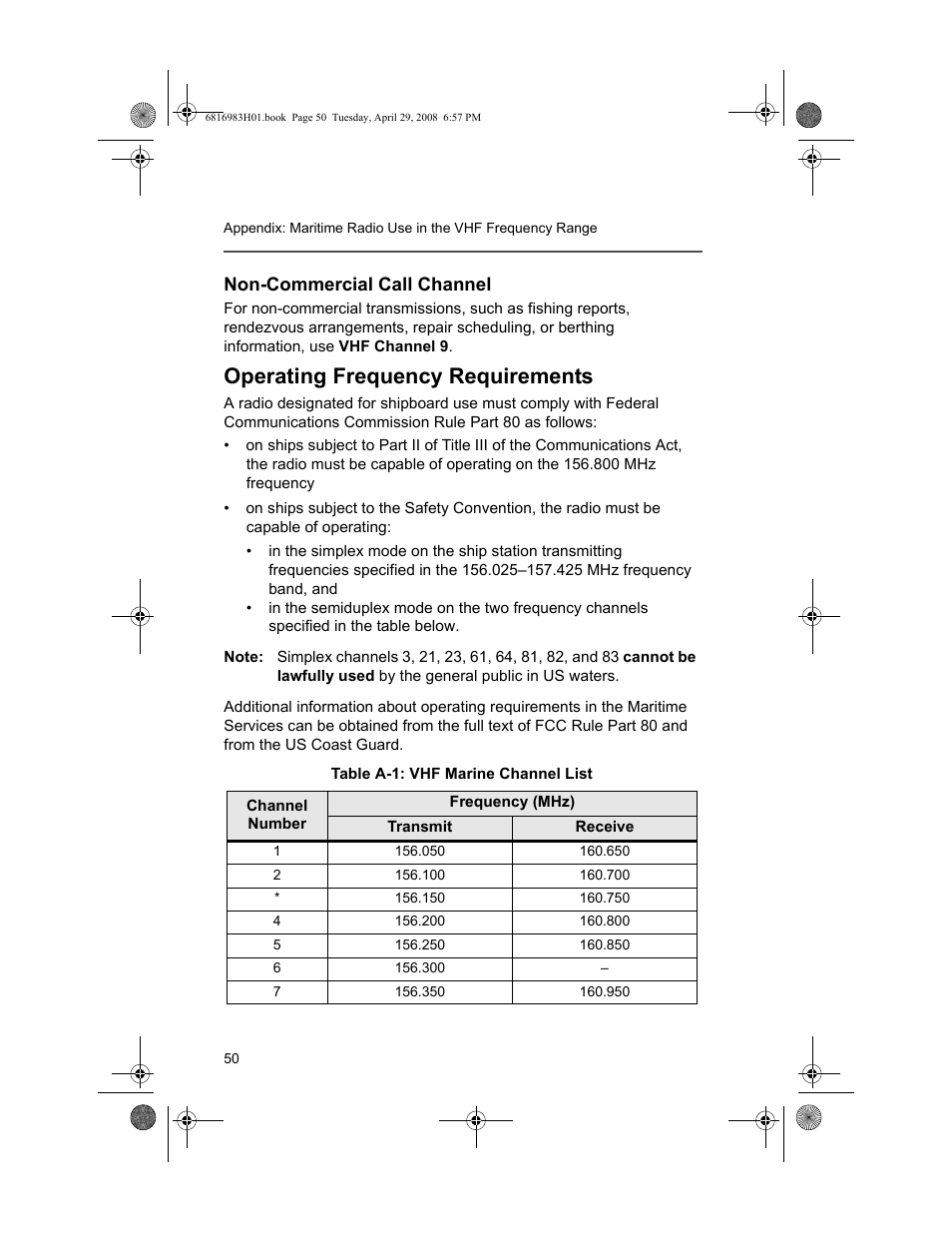 Non-commercial call channel, Operating frequency requirements | Motorola ASTRO MT 1500 User Manual | Page 61 / 76