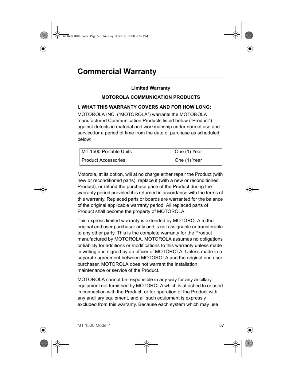 Commercial warranty | Motorola ASTRO MT 1500 User Manual | Page 68 / 76