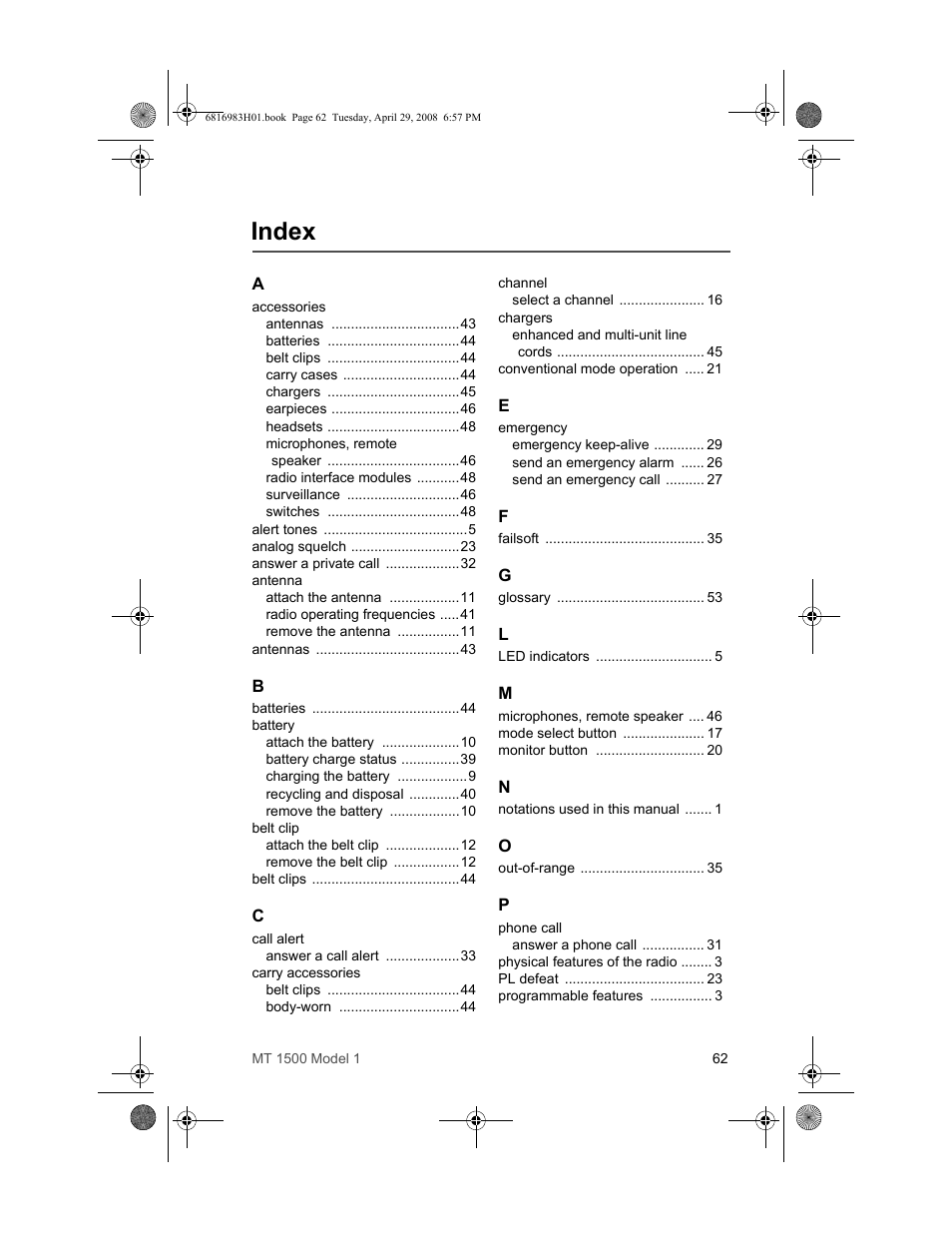 Index | Motorola ASTRO MT 1500 User Manual | Page 73 / 76