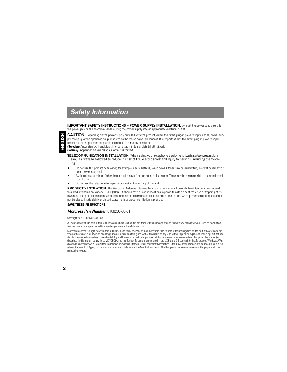 Safety information, Caution, Telecommunication installation | Product ventilation, English | Motorola NETOPIA 2210-02 User Manual | Page 2 / 18