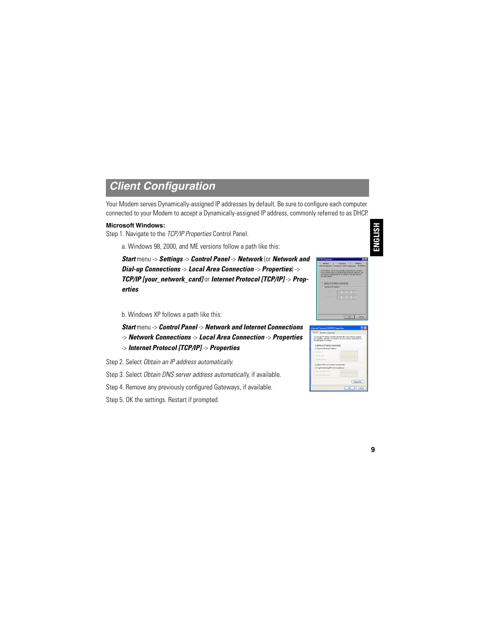 Client configuration, Microsoft windows, Client conﬁguration | Motorola NETOPIA 2210-02 User Manual | Page 9 / 18
