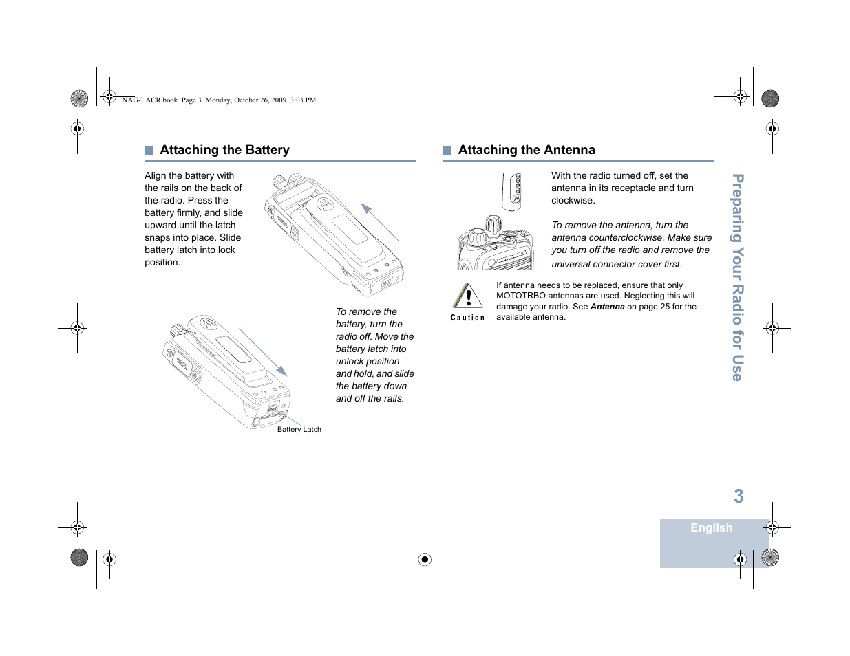 Attaching the battery, Attaching the antenna, Attaching the battery attaching the antenna | Motorola MOTOTRBO XPR 6380 User Manual | Page 11 / 42