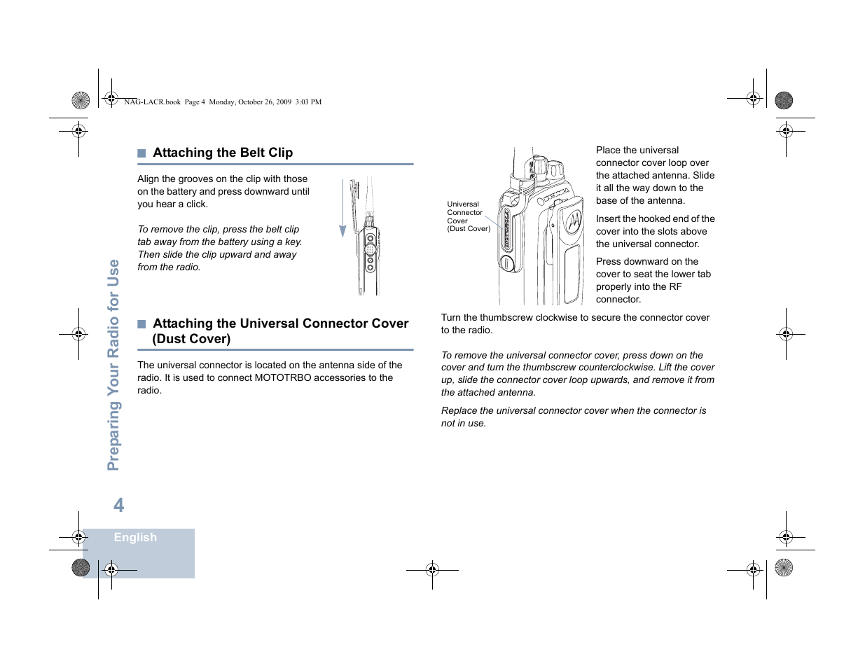 Attaching the belt clip, Dust cover), Prep aring y o ur radio for use | Motorola MOTOTRBO XPR 6380 User Manual | Page 12 / 42