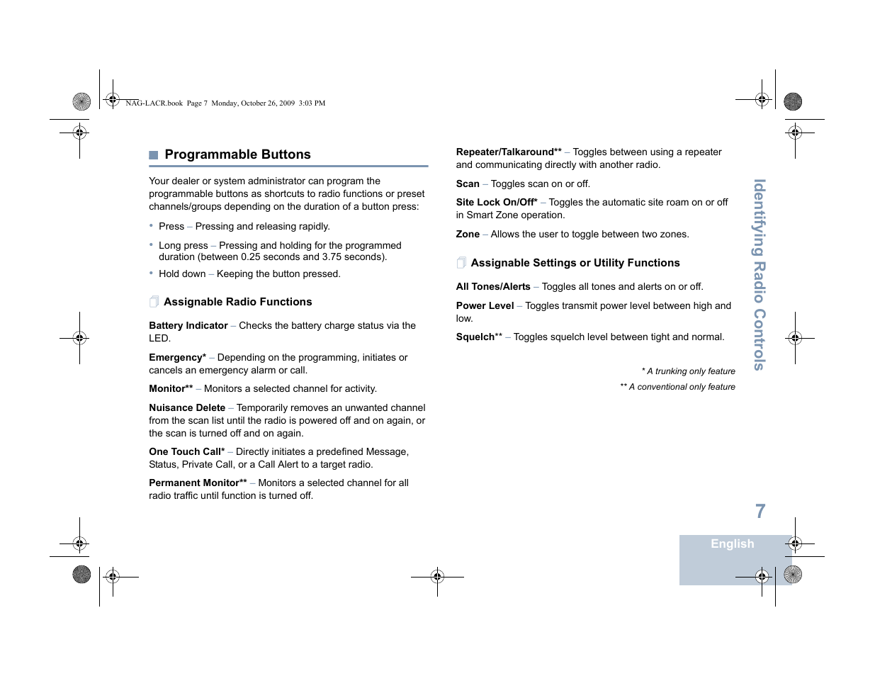 Programmable buttons, Assignable radio functions, Assignable settings or utility functions | Identifying radio controls | Motorola MOTOTRBO XPR 6380 User Manual | Page 15 / 42