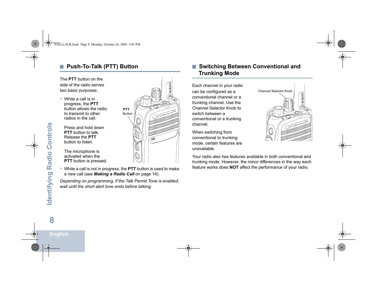 Push-to-talk (ptt) button, Switching between conventional and trunking mode, Trunking mode | Identifying radio controls | Motorola MOTOTRBO XPR 6380 User Manual | Page 16 / 42
