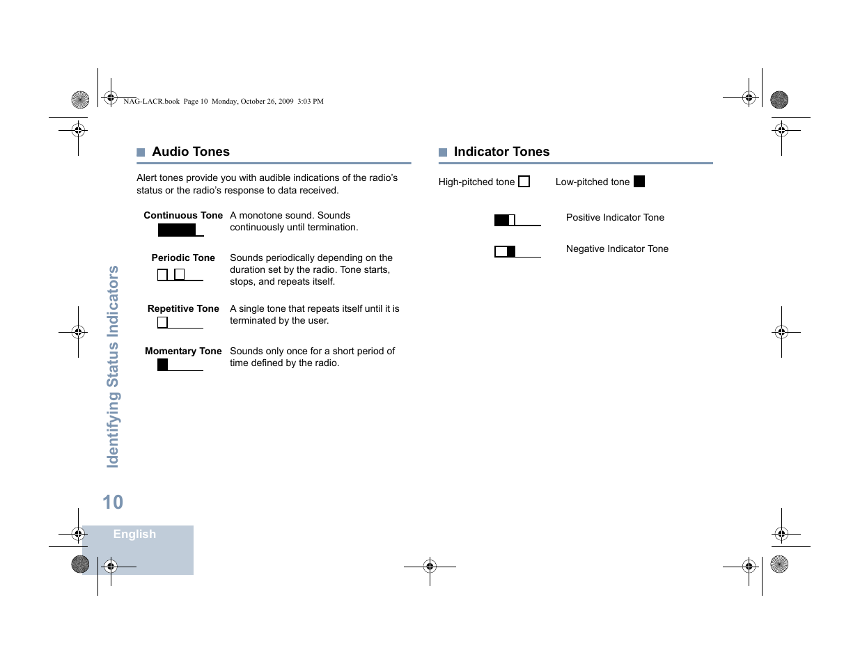 Audio tones, Indicator tones, Audio tones indicator tones | Identifying s tatus indicators | Motorola MOTOTRBO XPR 6380 User Manual | Page 18 / 42