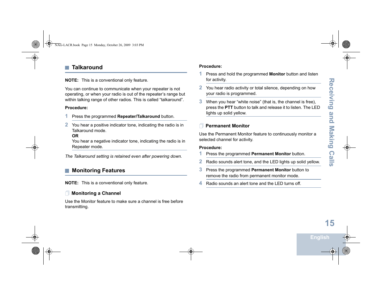 Talkaround, Monitoring features, Monitoring a channel | Permanent monitor, Talkaround monitoring features, Monitoring a channel permanent monitor, Receiving and making calls | Motorola MOTOTRBO XPR 6380 User Manual | Page 23 / 42